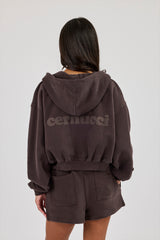 Cernucci Zip Through Cropped Hoodie - Coffee