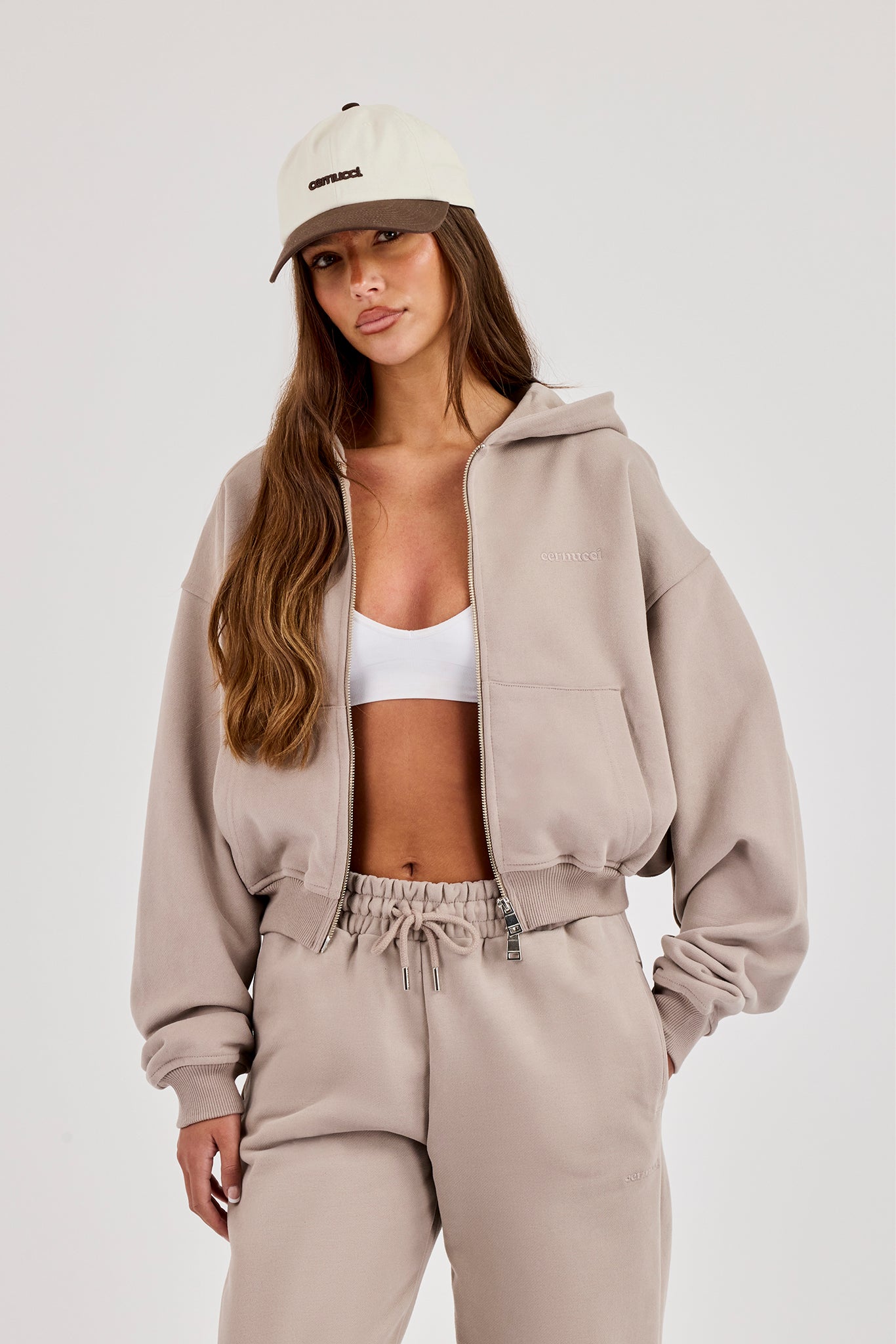 Cernucci Cropped Zip-Through Hoodie – Stone