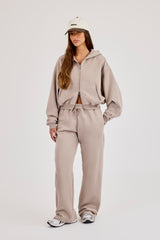 Cernucci Cropped Zip-Through Hoodie & Jogginghose mit weitem Bein – Stone