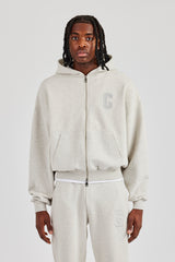 Boxy-Hoodie mit durchgehendem Reißverschluss und C-Stickerei - Aschgrau