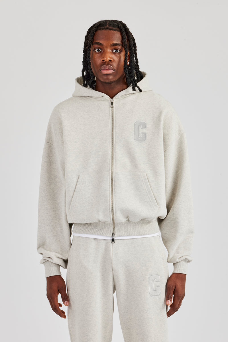 Boxy-Hoodie mit durchgehendem Reißverschluss und C-Stickerei - Aschgrau