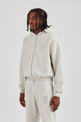 Boxy-Hoodie mit durchgehendem Reißverschluss und C-Stickerei - Aschgrau