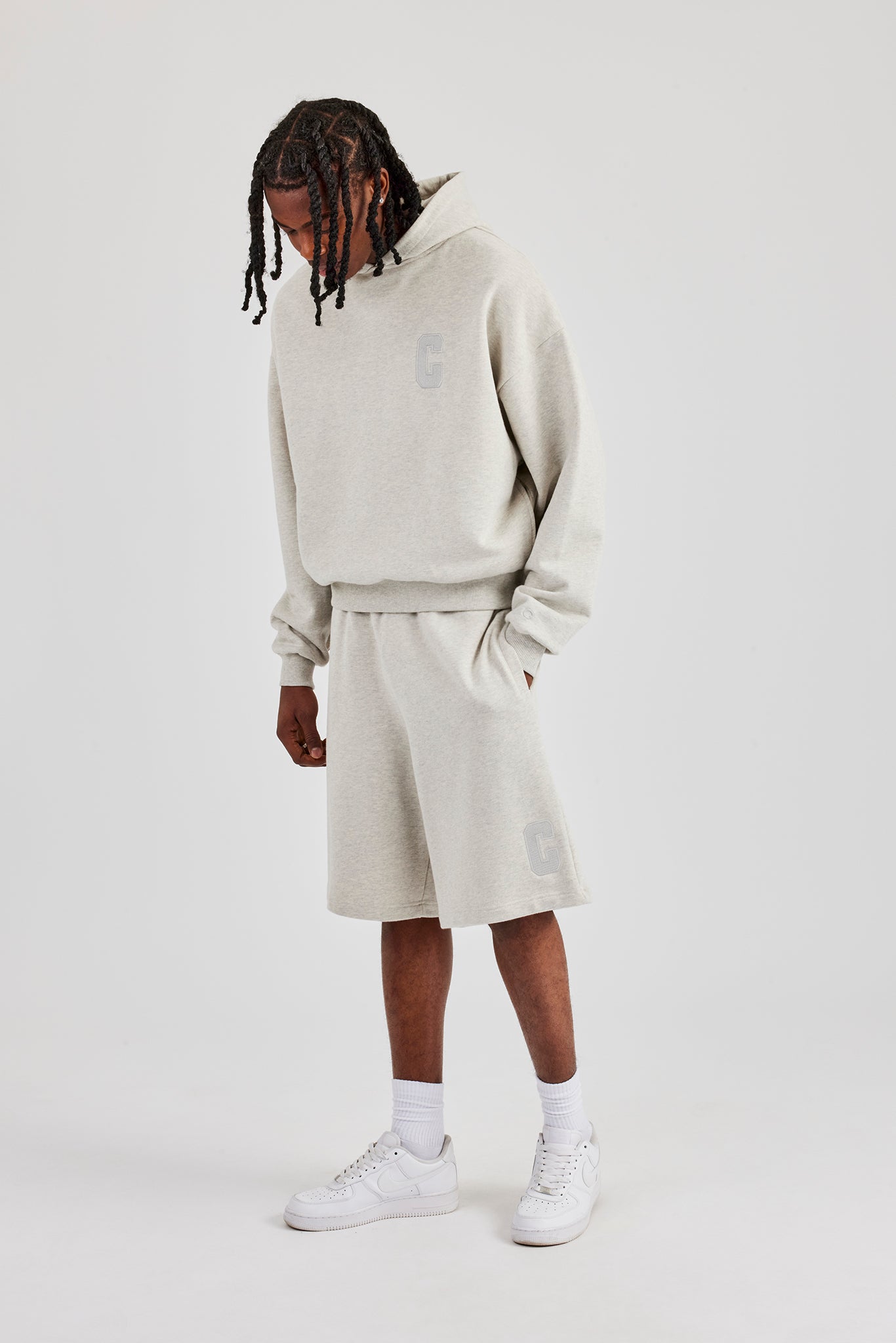 Embroidered C Boxy Hoodie & Short - Ash Grey