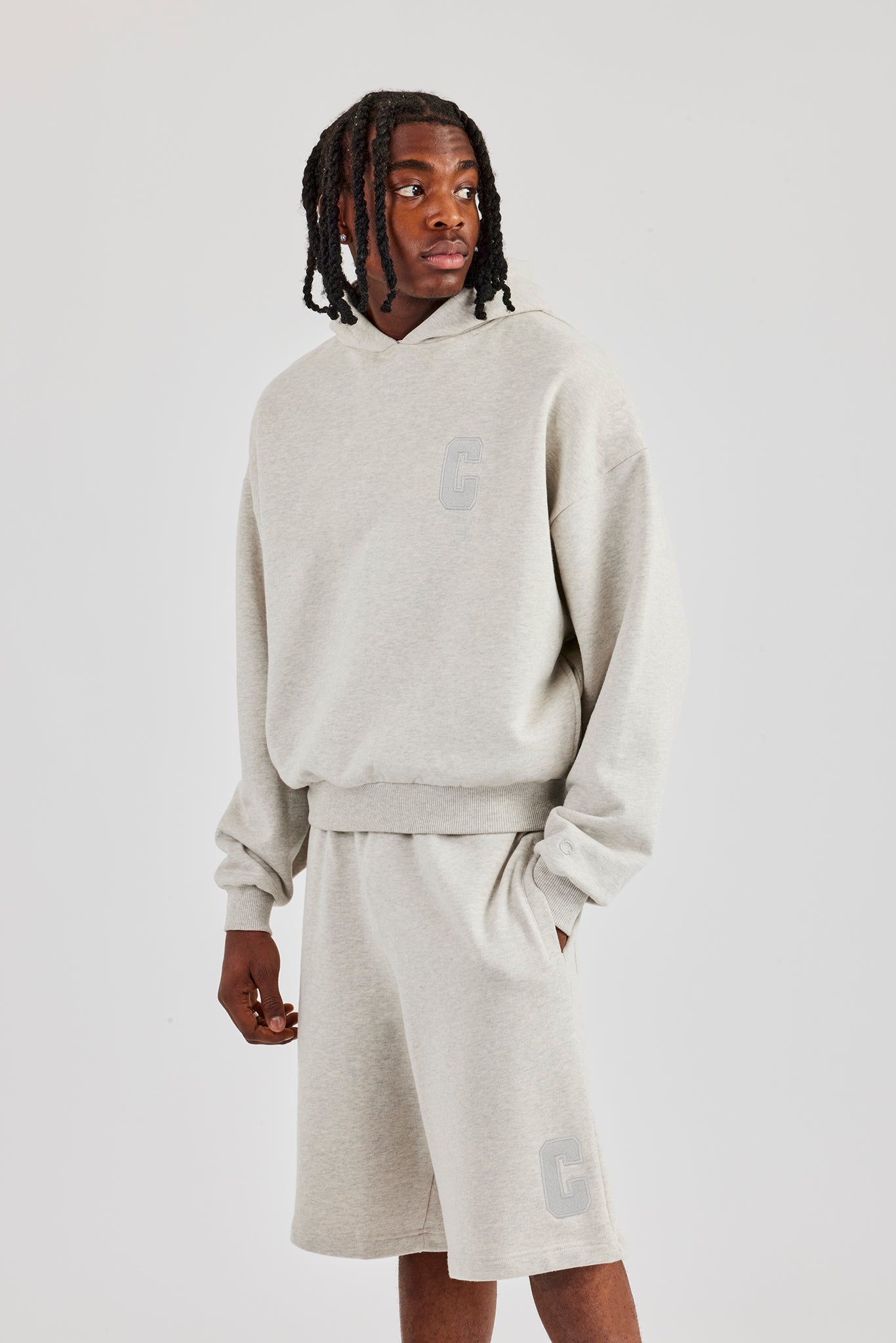 Embroidered C Boxy Hoodie - Ash Grey