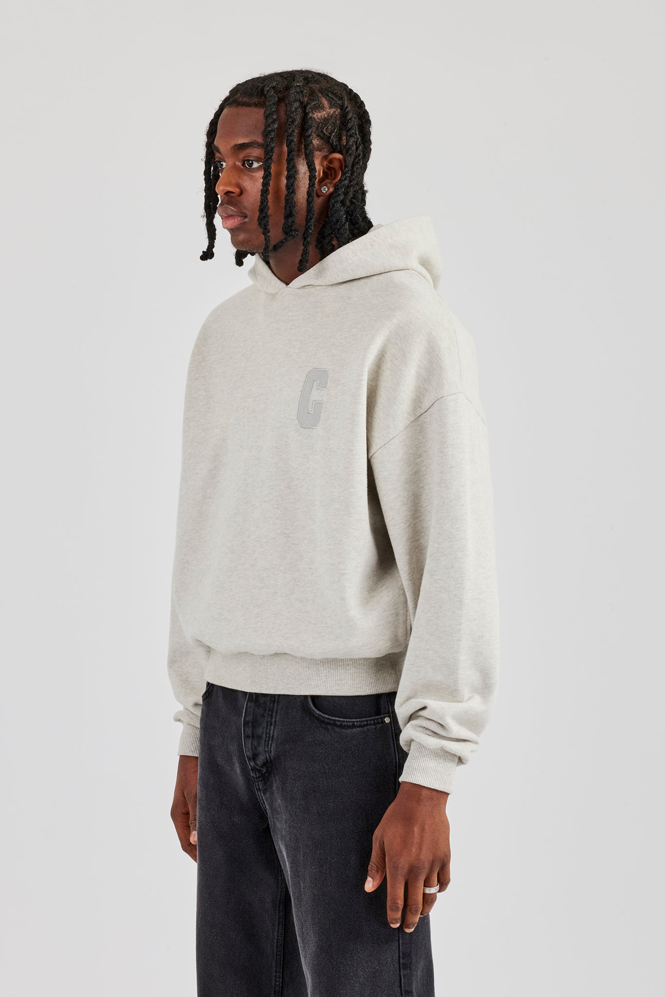 Embroidered C Boxy Hoodie - Ash Grey