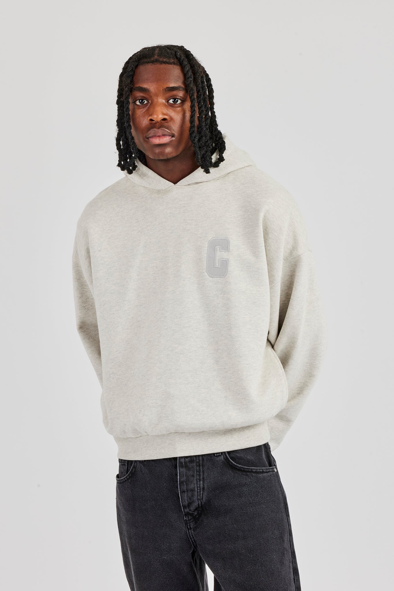 Embroidered C Boxy Hoodie - Ash Grey