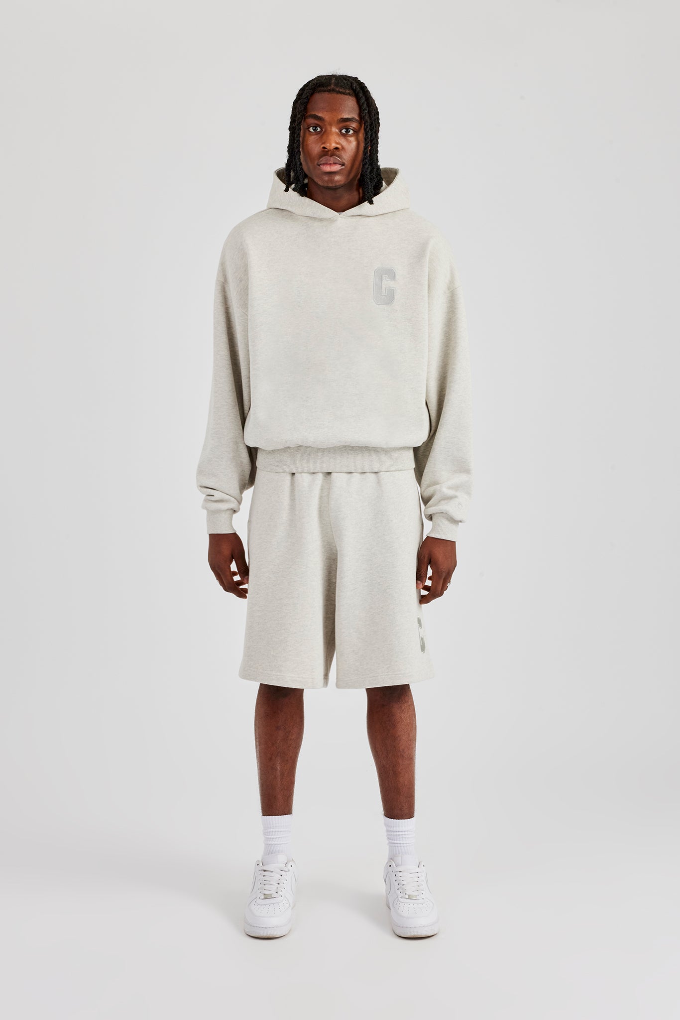 Embroidered C Boxy Hoodie & Short - Ash Grey