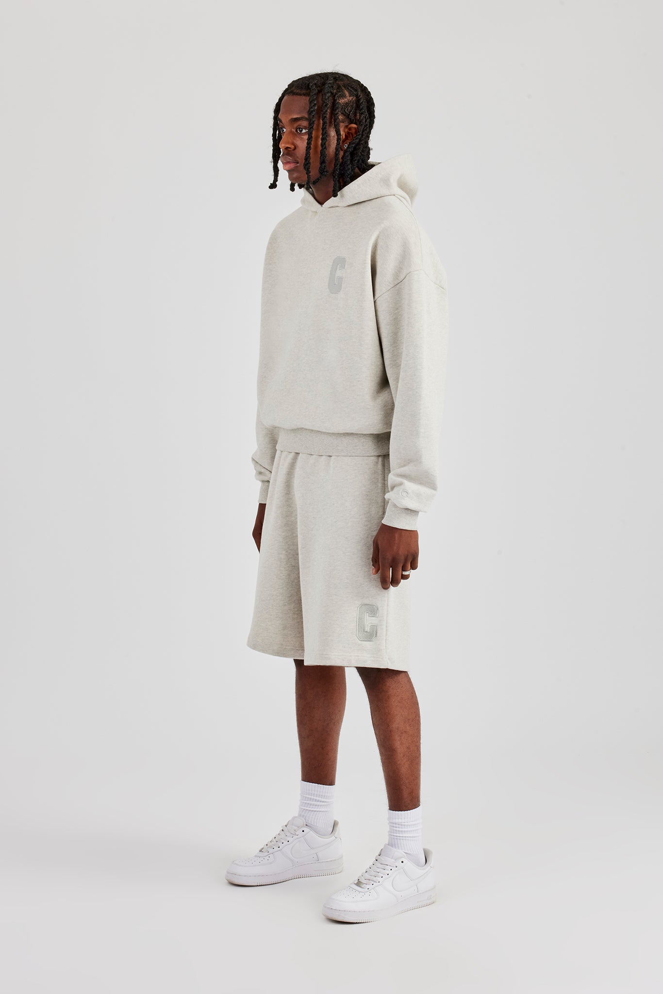Embroidered C Boxy Hoodie & Short - Ash Grey