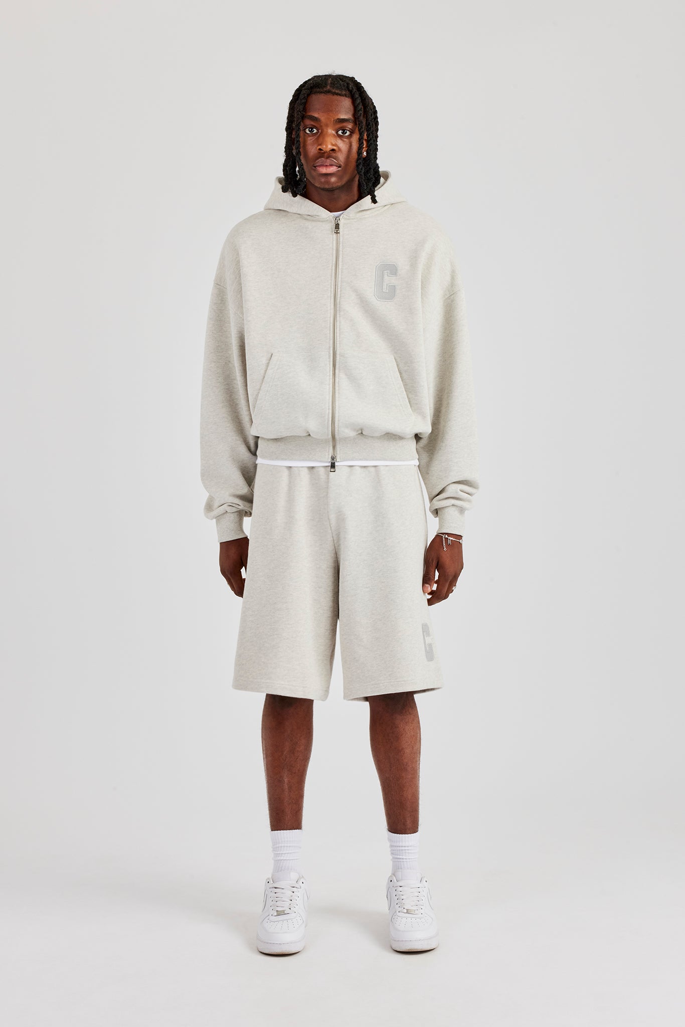 Embroidered C Boxy Zip Through Hoodie & Short - Ash Grey | Mens