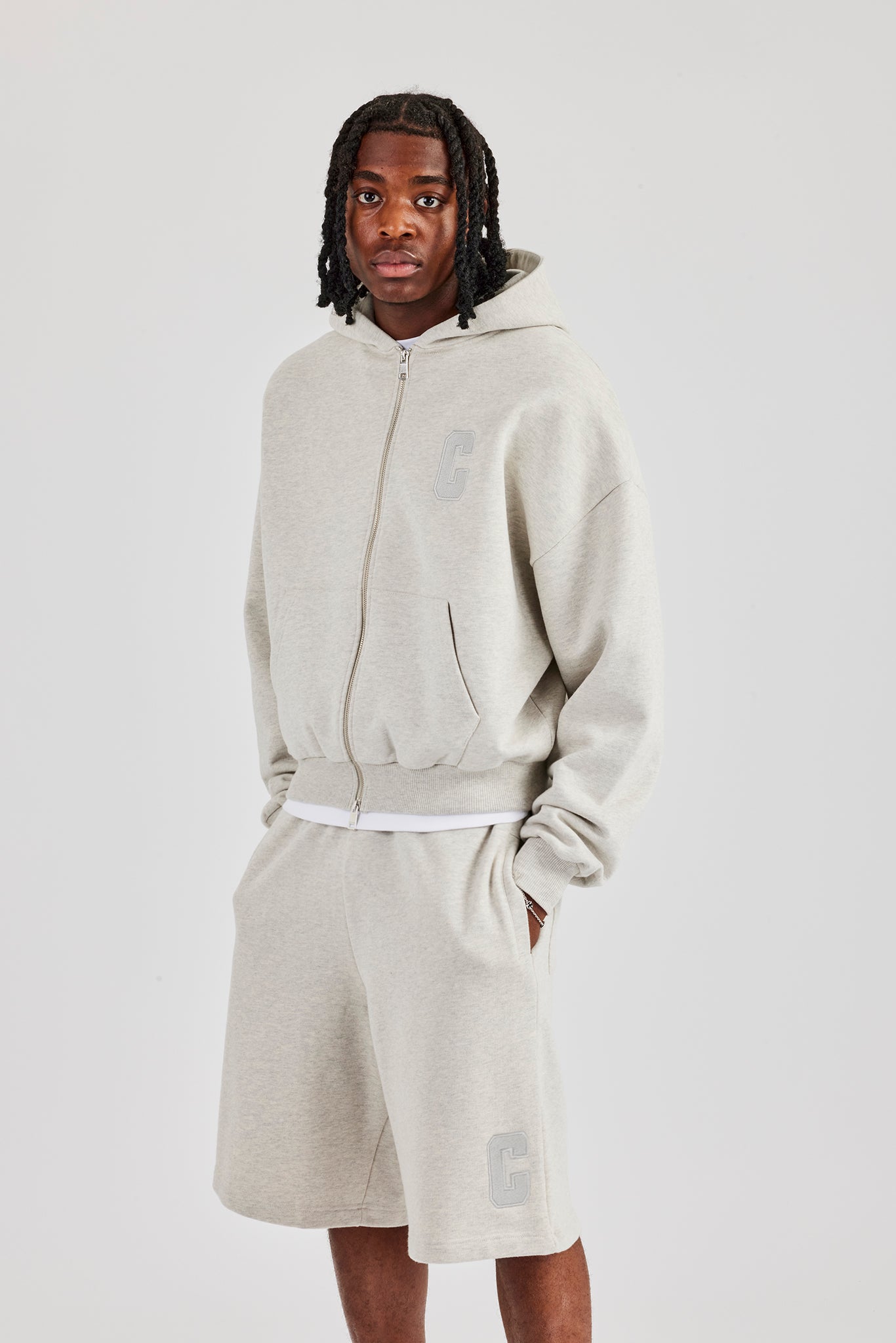 Embroidered C Boxy Zip Through Hoodie & Short - Ash Grey