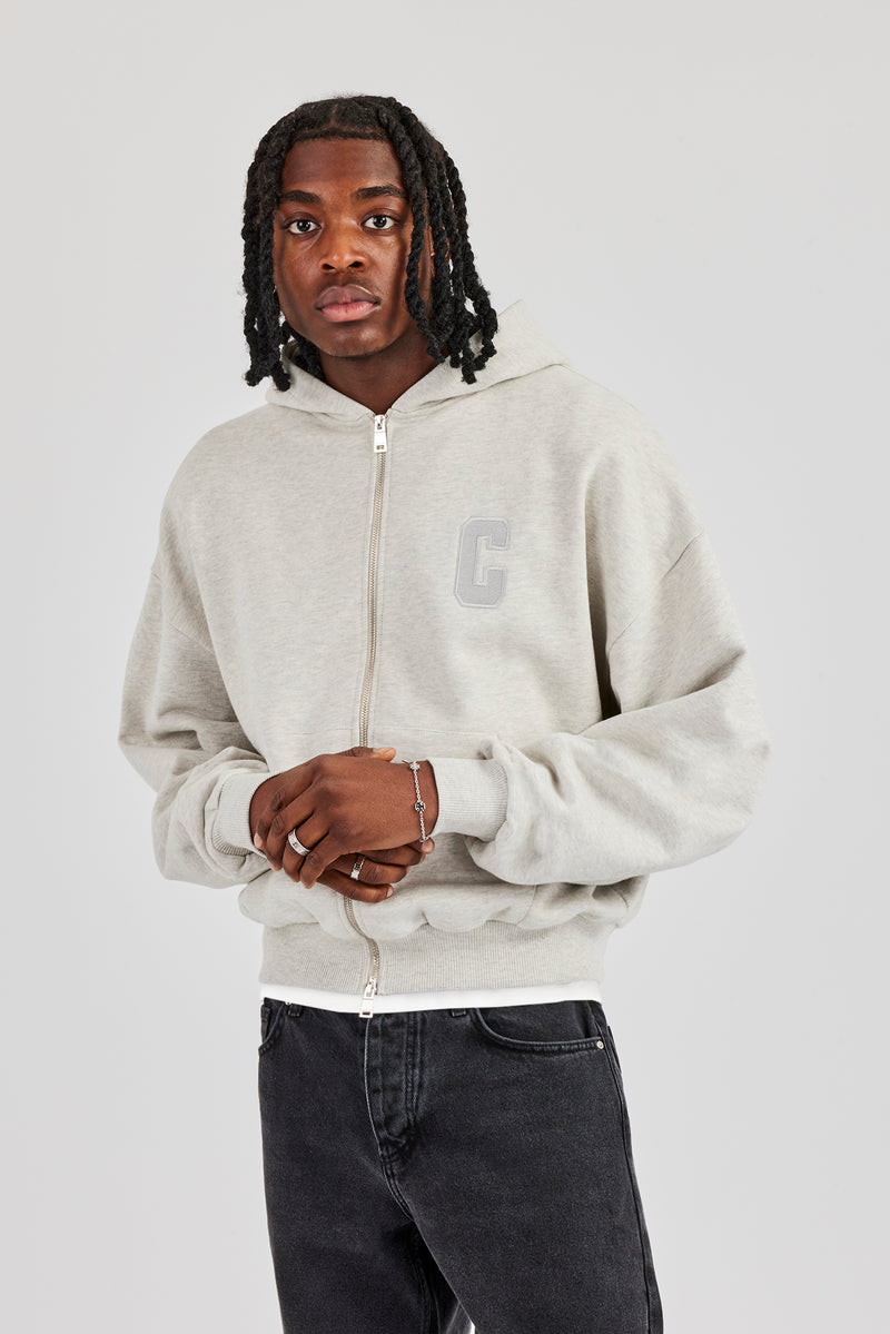 Boxy-Hoodie mit durchgehendem Reißverschluss und C-Stickerei - Aschgrau