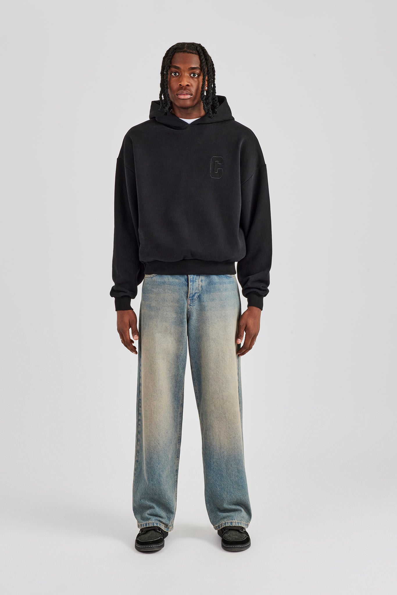 Embroidered C Boxy Hoodie - Black