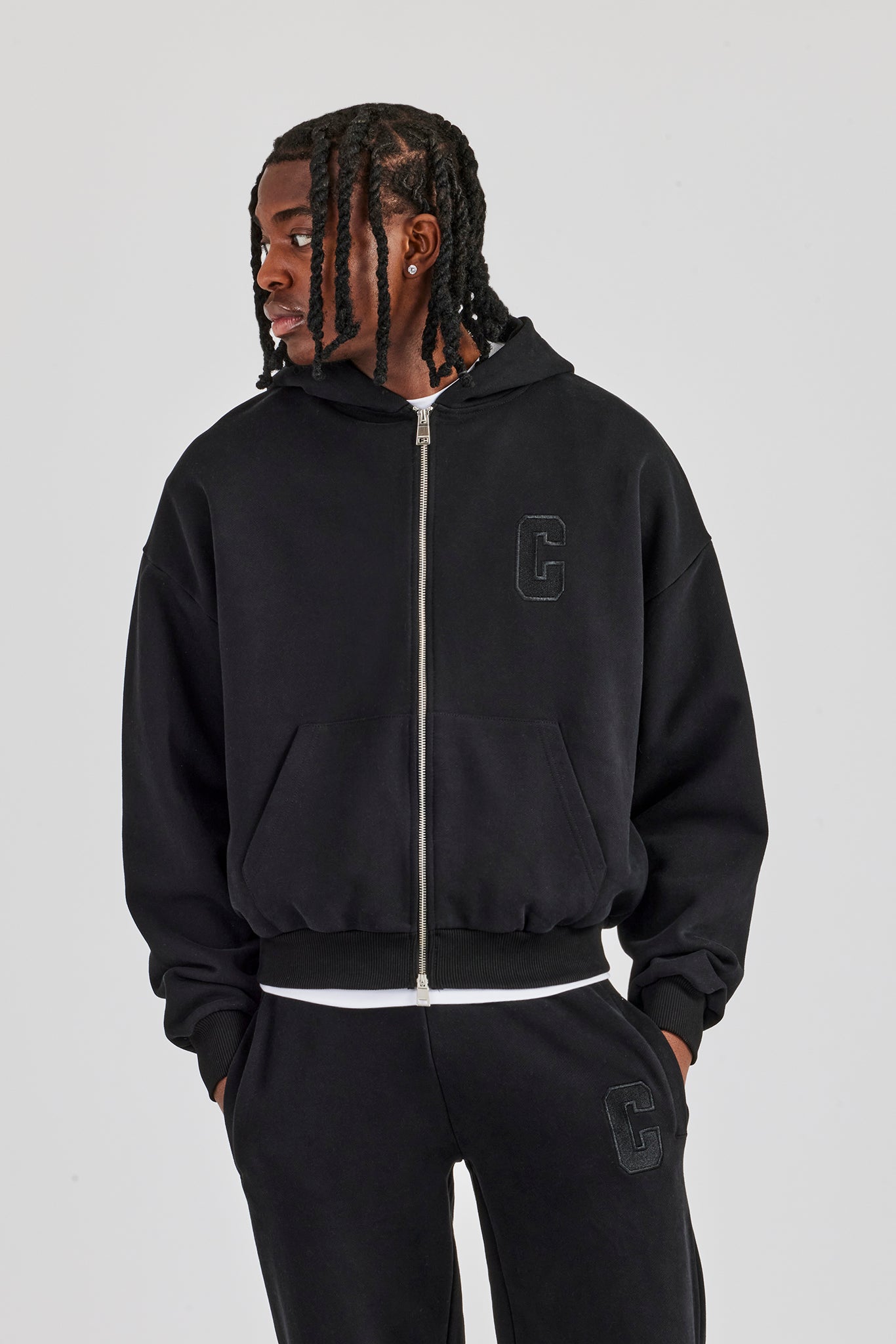 Embroidered C Boxy Zip Through Hoodie - Black