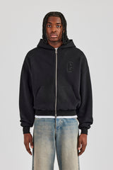 Embroidered C Boxy Zip Through Hoodie - Black