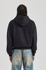 Embroidered C Boxy Zip Through Hoodie - Black