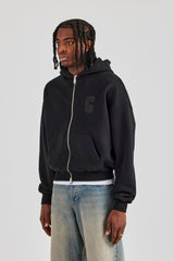 Embroidered C Boxy Zip Through Hoodie - Black