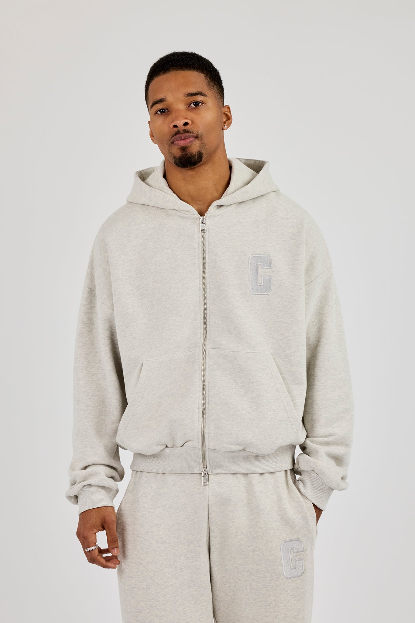 Embroidered C Boxy Zip Through Hoodie - Ash Grey