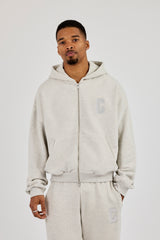 Embroidered C Boxy Zip Through Hoodie - Ash Grey
