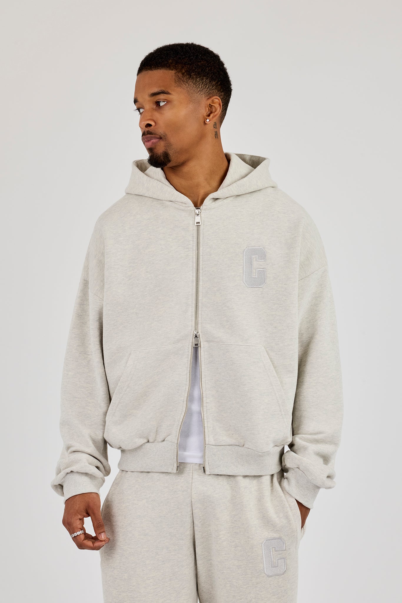 Embroidered C Boxy Zip Through Hoodie - Ash Grey