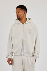 Embroidered C Boxy Zip Through Hoodie - Ash Grey