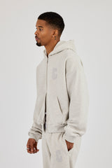 Embroidered C Boxy Zip Through Hoodie - Ash Grey