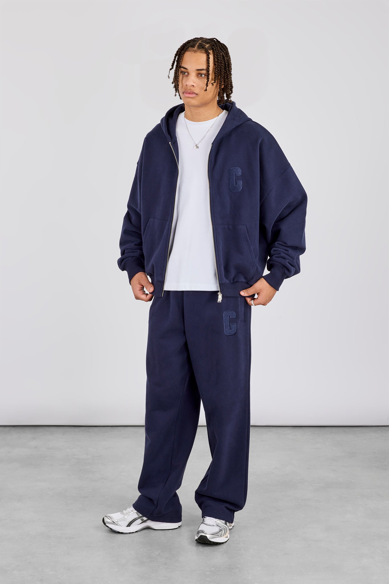 Embroidered C Boxy Zip Through Hoodie & Relaxed Jogger - Navy Blue