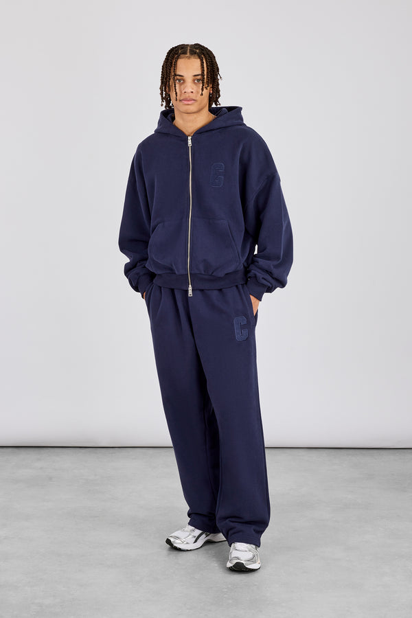 Embroidered C Boxy Zip Through Hoodie & Relaxed Jogger - Navy Blue