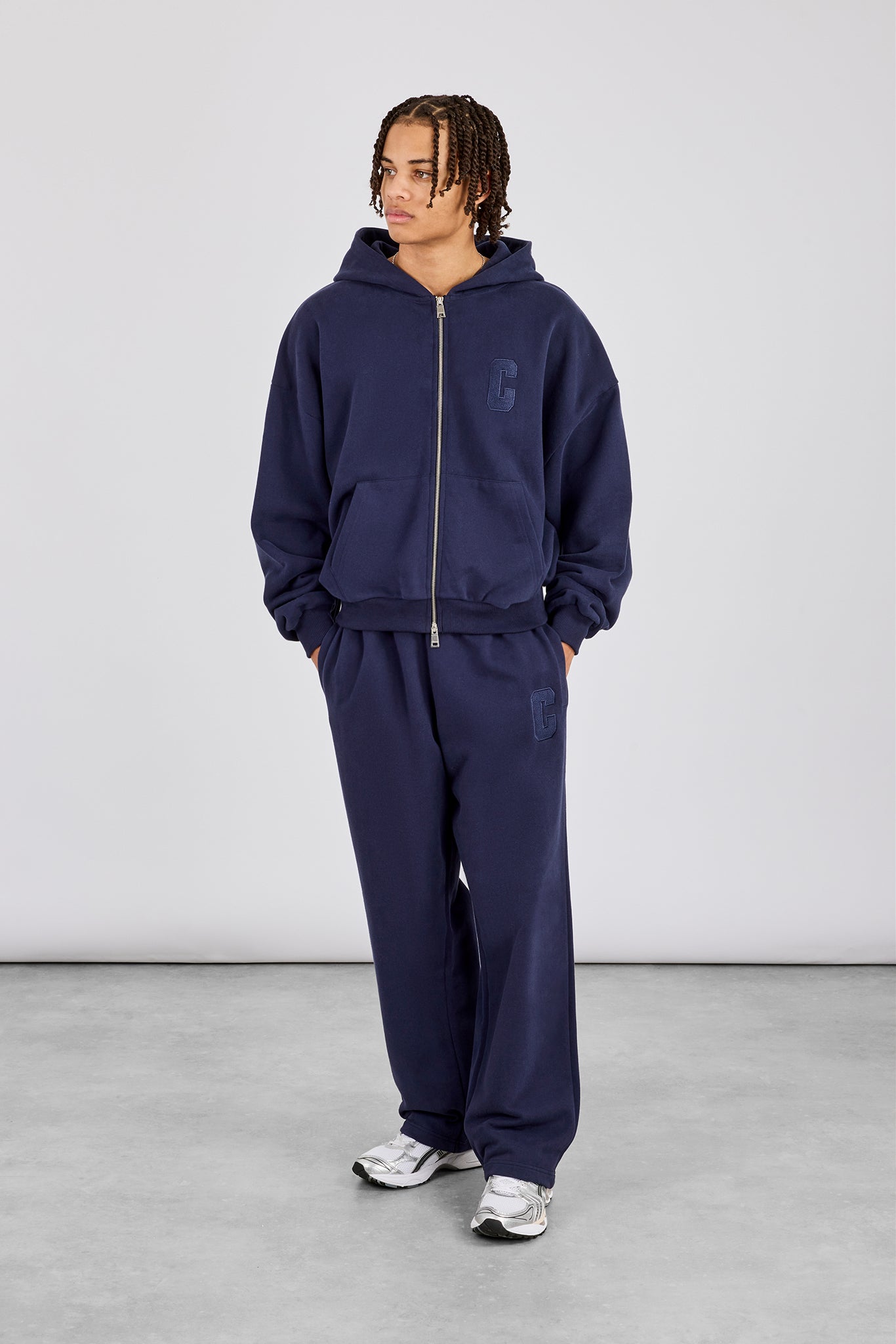 Embroidered C Boxy Zip Through Hoodie & Relaxed Jogger – Navy Blue