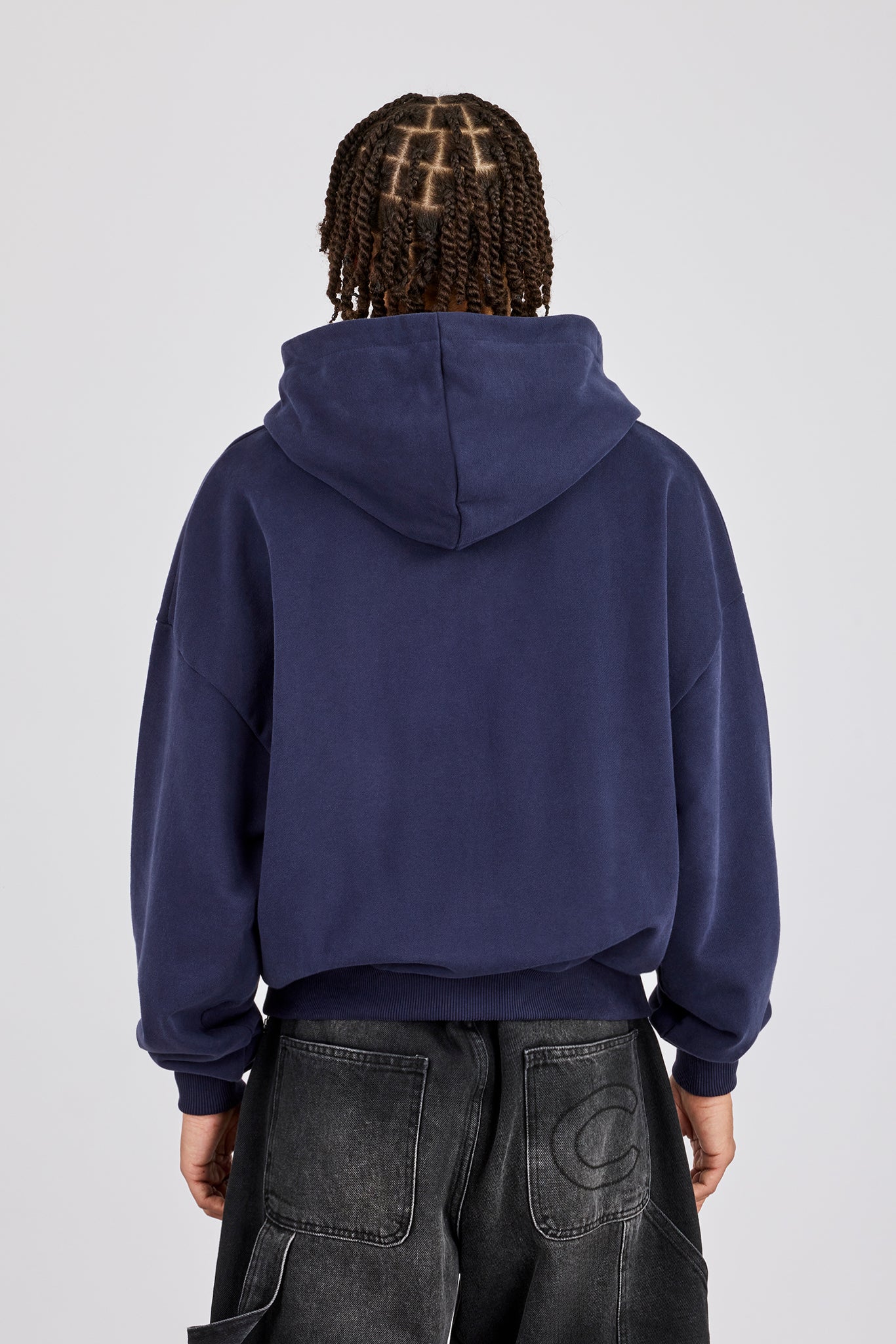 Bestickter C Boxy Zip Through Hoodie - Marineblau