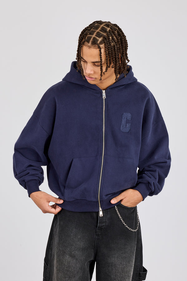 Bestickter C Boxy Zip Through Hoodie - Marineblau