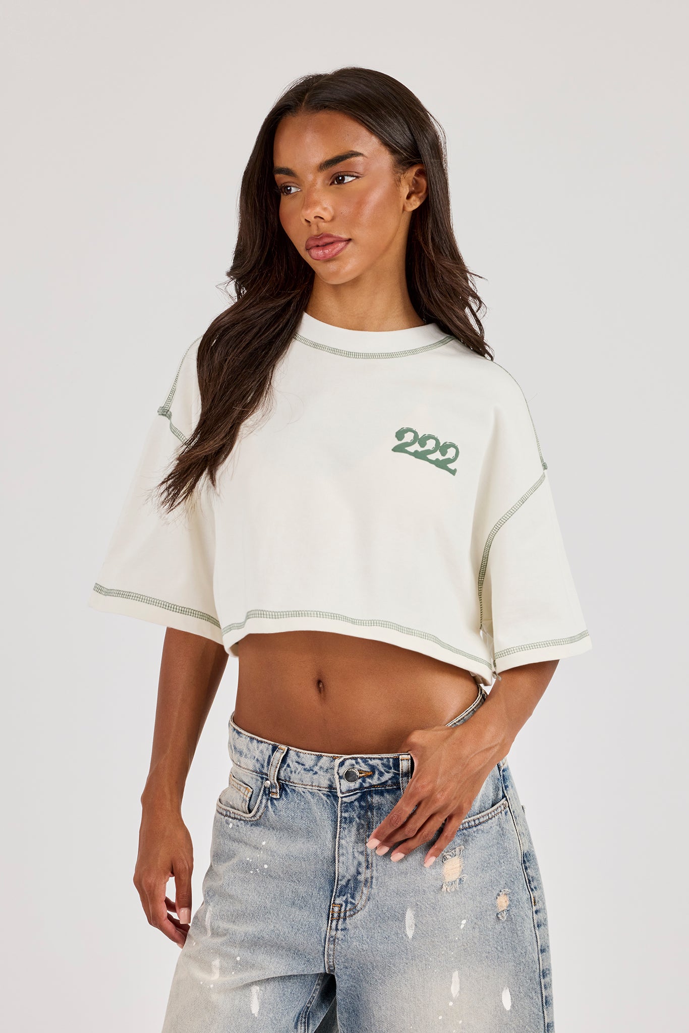 222 Dark Green Cherub Cropped T-Shirt - Off White