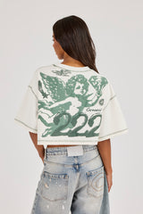 222 Dark Green Cherub Cropped T-Shirt - Off White