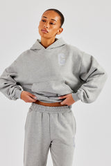 Boxy-Hoodie mit C-Stickerei – Grau meliert