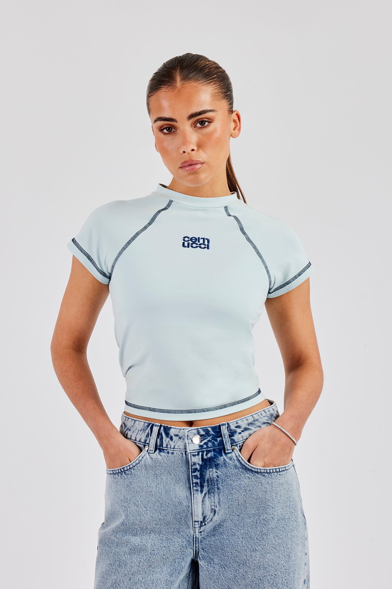 Contrast Stitch Cap Sleeve Tee - Baby Blue