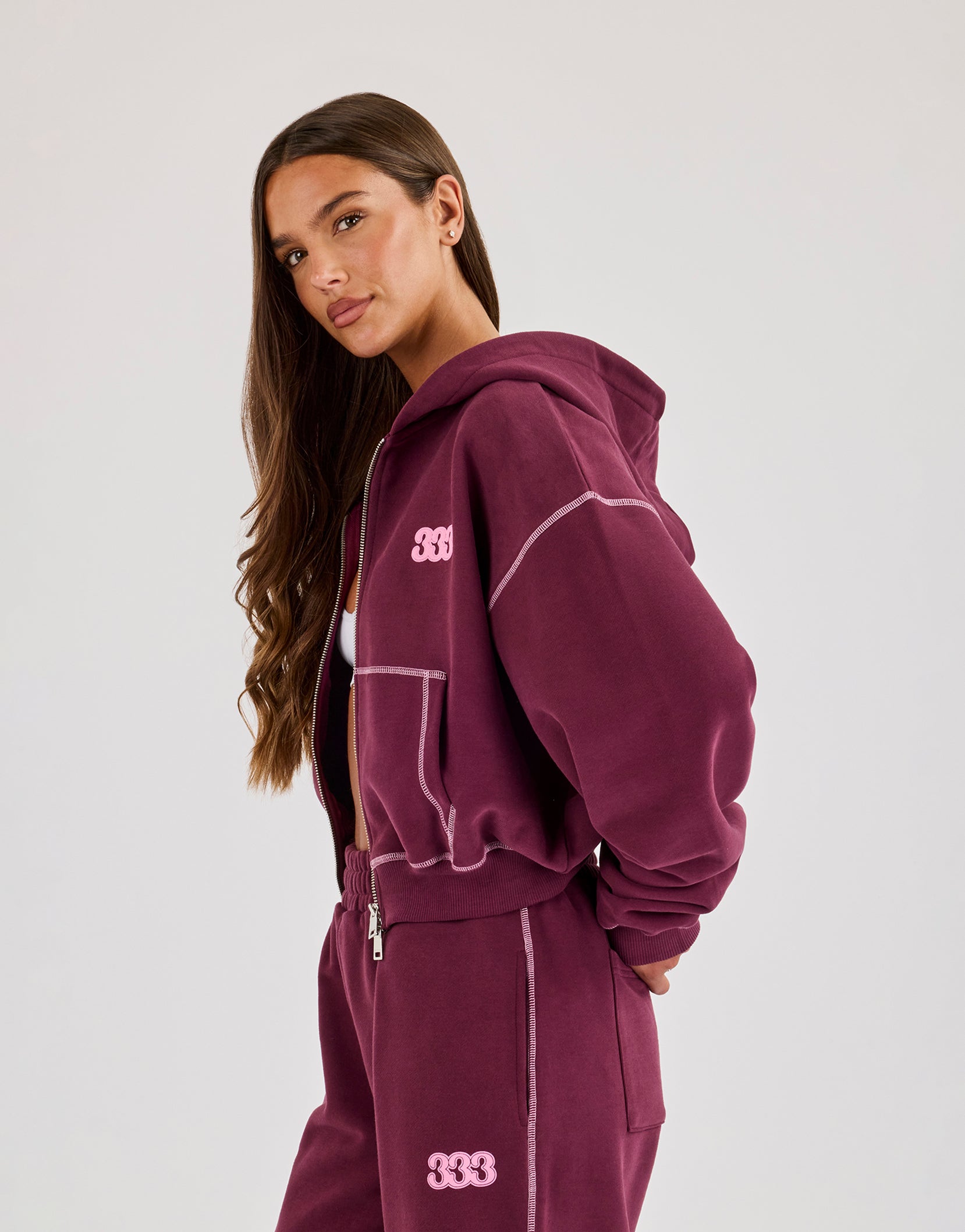 Contrast Stitch 333 Cherub & Bow Cropped Hoodie - Berry