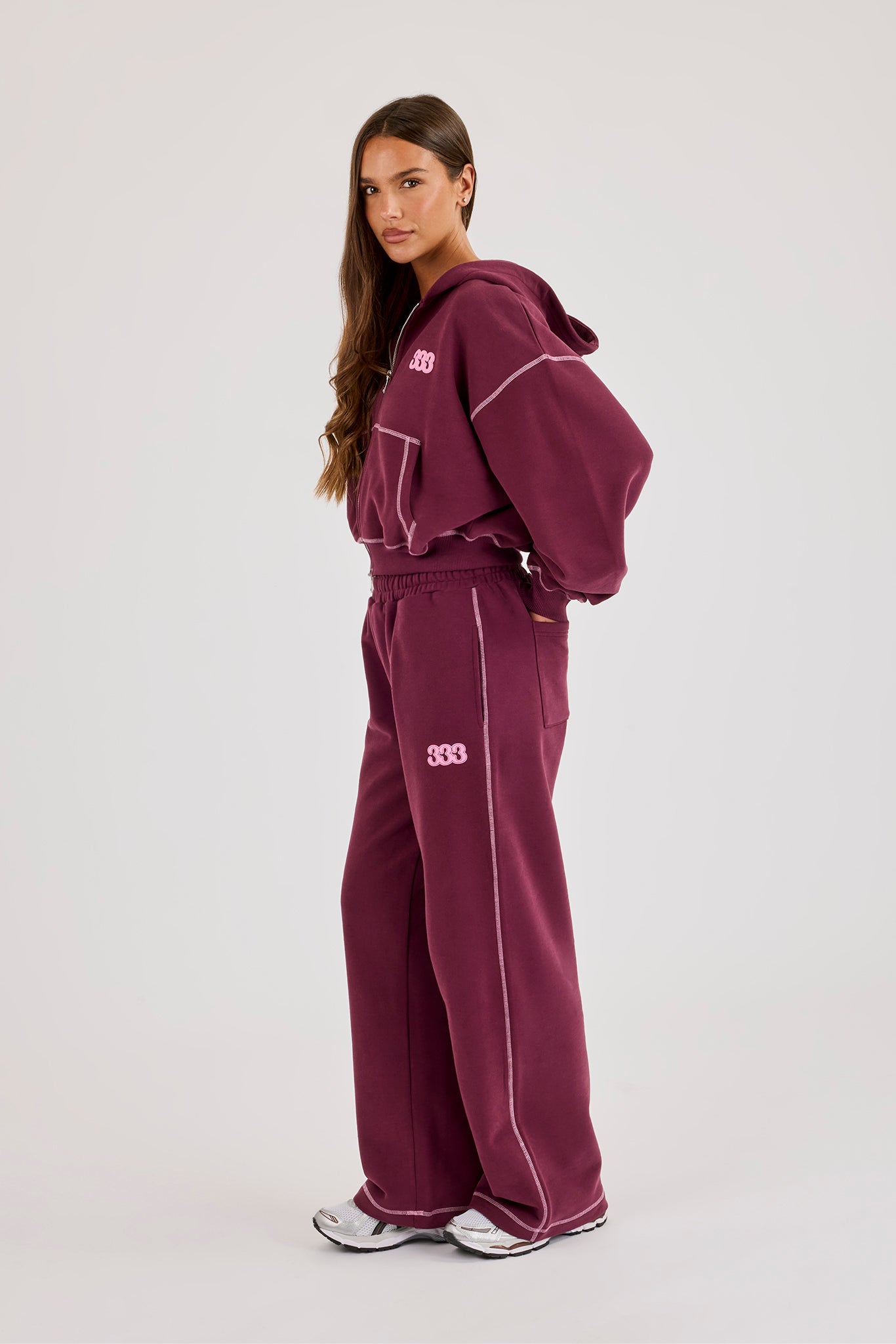 Contrast Stitch 333 Cherub & Bow Cropped Hoodie & Wide Leg Jogger – Berry