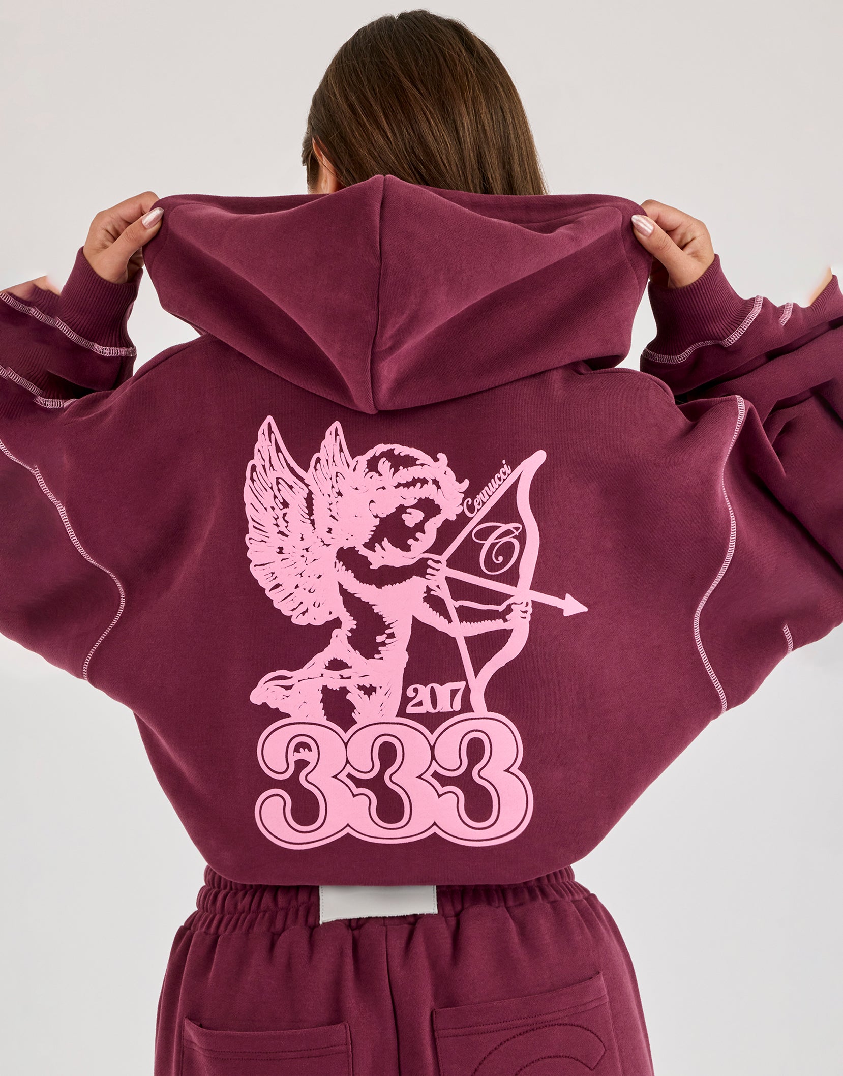 Contrast Stitch 333 Cherub & Bow Cropped Hoodie - Berry