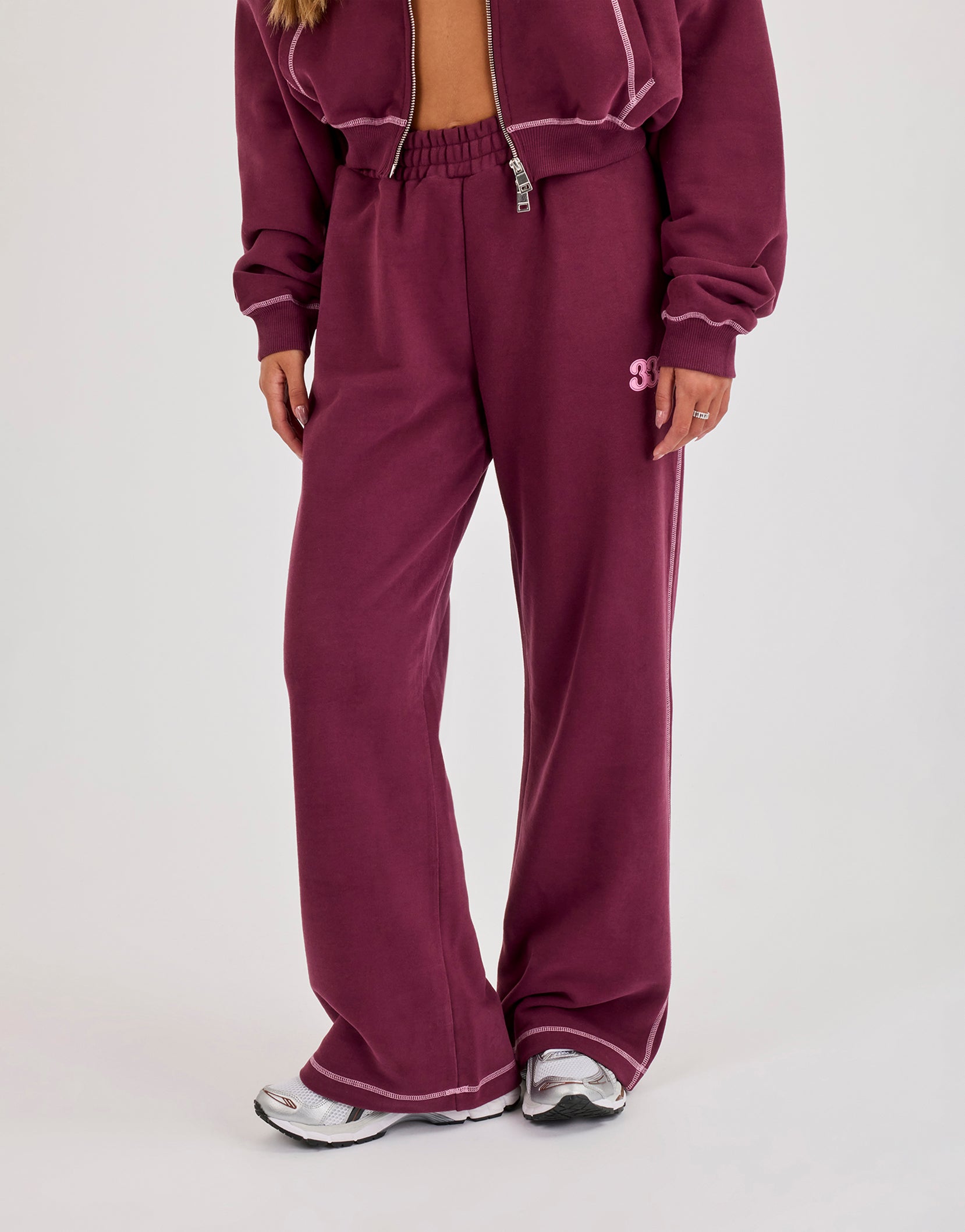 Contrast Stitch 333 Cherub & Bow Wide Leg Jogger - Berry