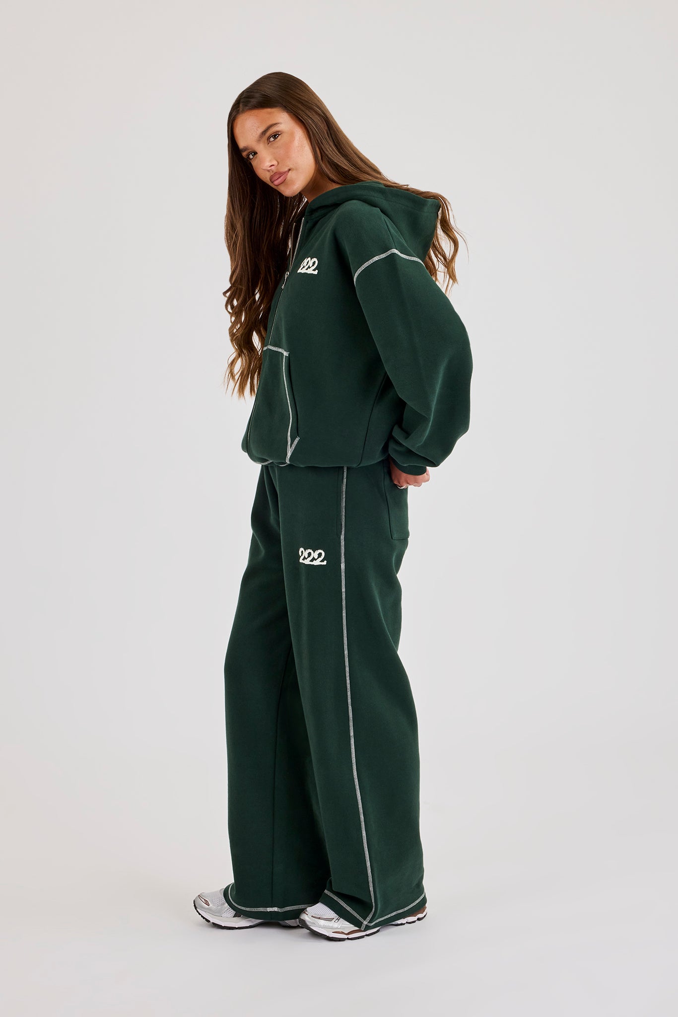 Contrast Stitch 222 Cherub Hoodie & Wide Leg Jogger – Dark Green