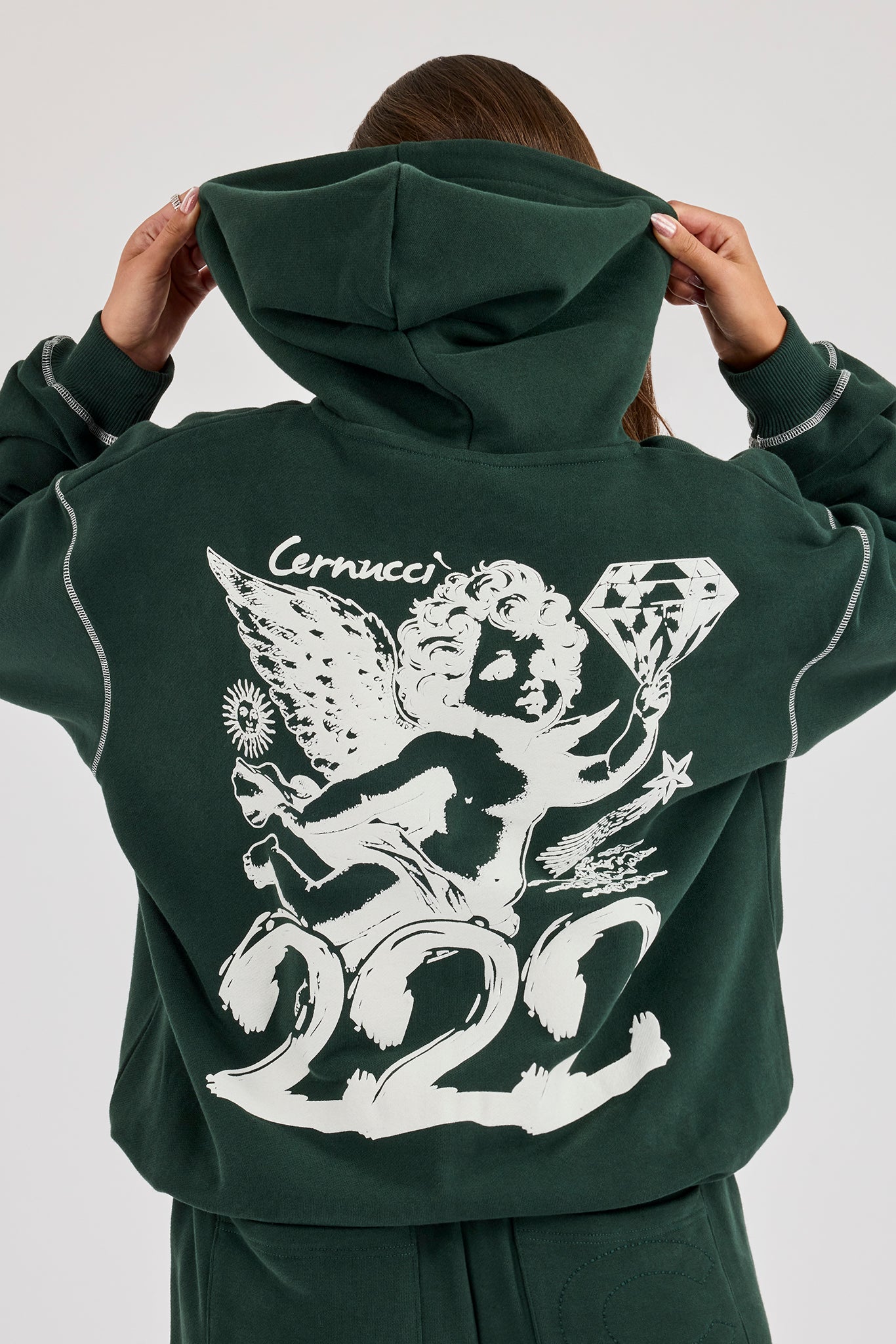 Contrast Stitch 222 Cherub Hoodie & Wide Leg Jogger – Dark Green