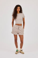 Embroidered Baby Tee & Embroidered Short  - Stone