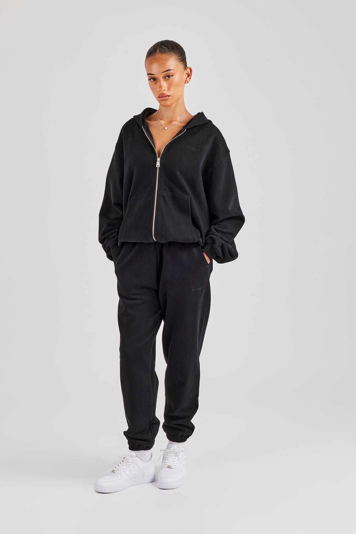 Oversized Zip Through Hoodie & Cuffed Joggers - Black