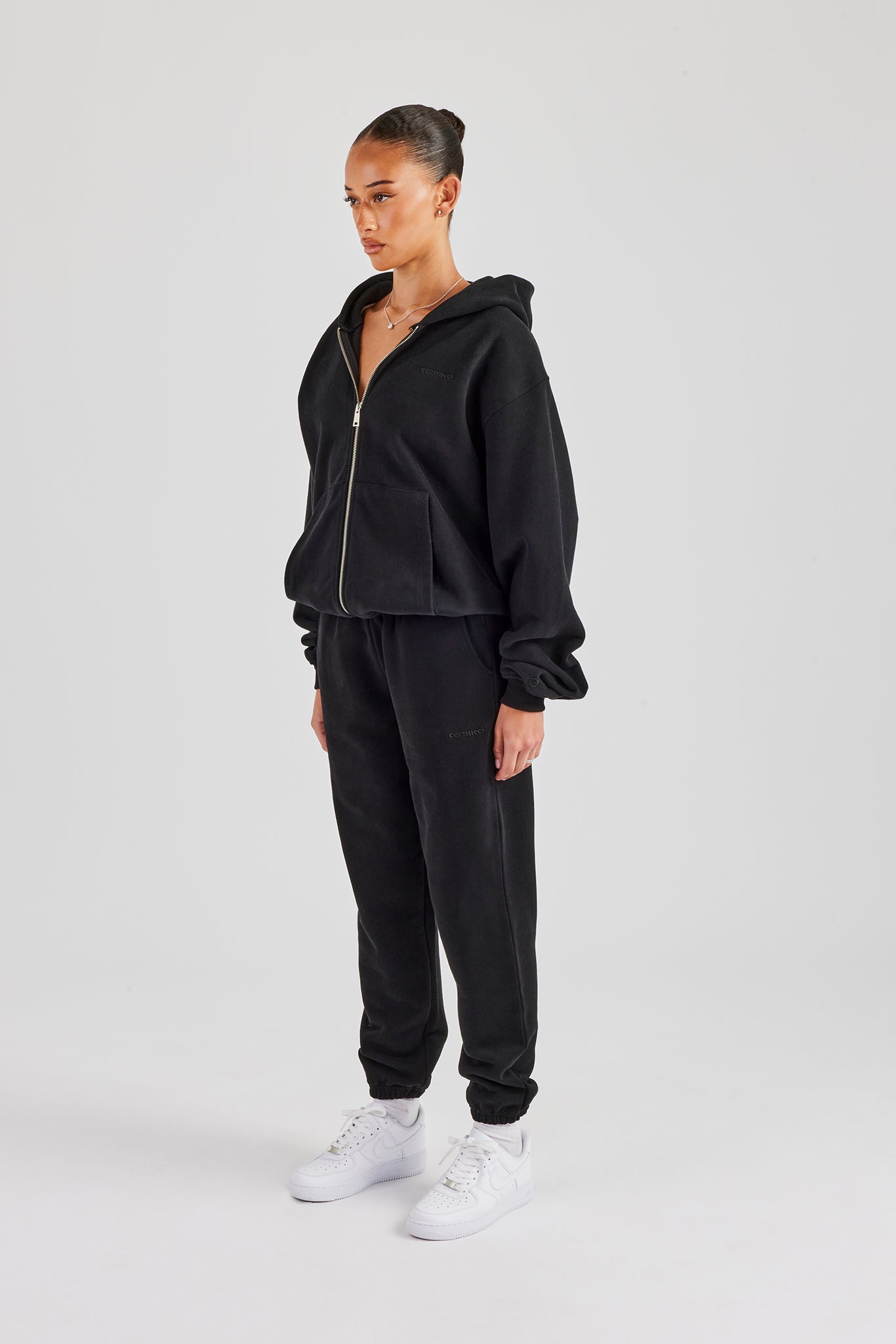 Oversized Zip Through Hoodie & Cuffed Joggers - Black