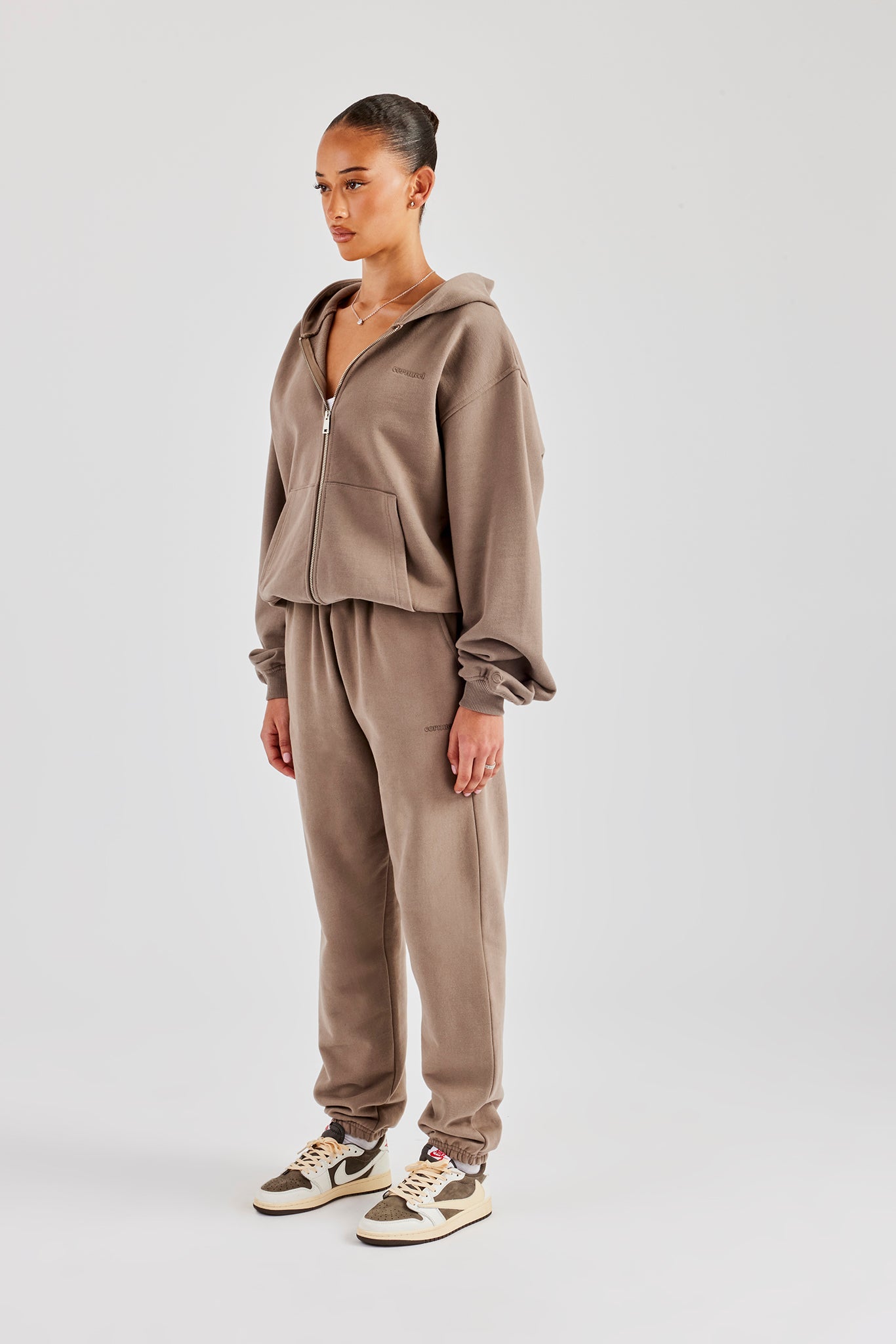 Oversized Zip Through Hoodie & Cuffed Joggers - Taupe