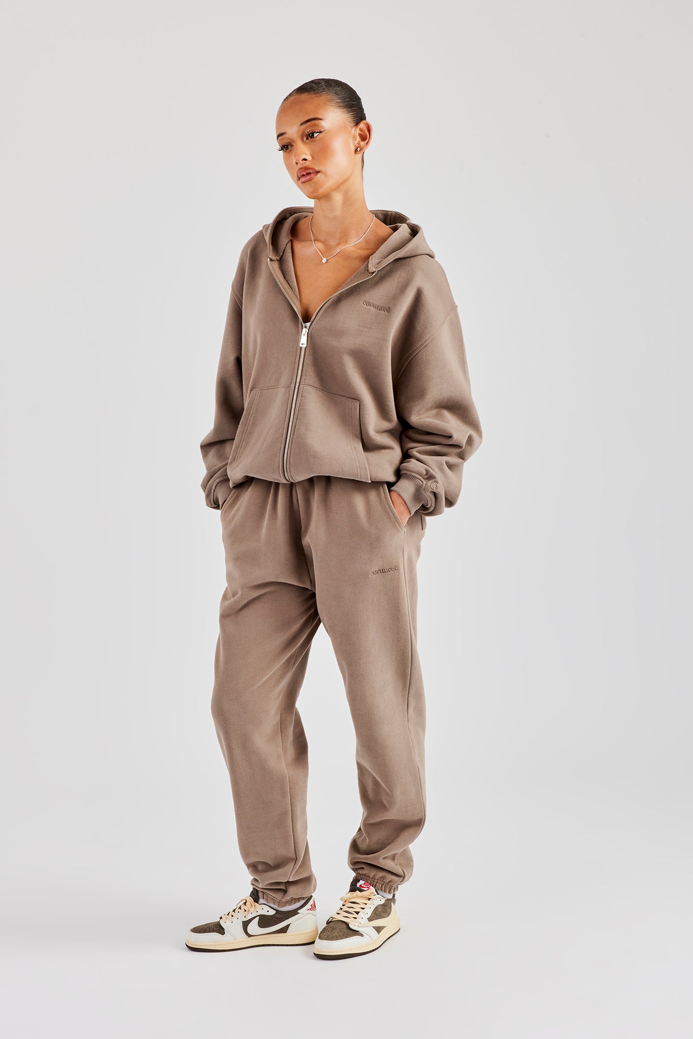 Oversized Zip Through Hoodie & Cuffed Joggers - Taupe