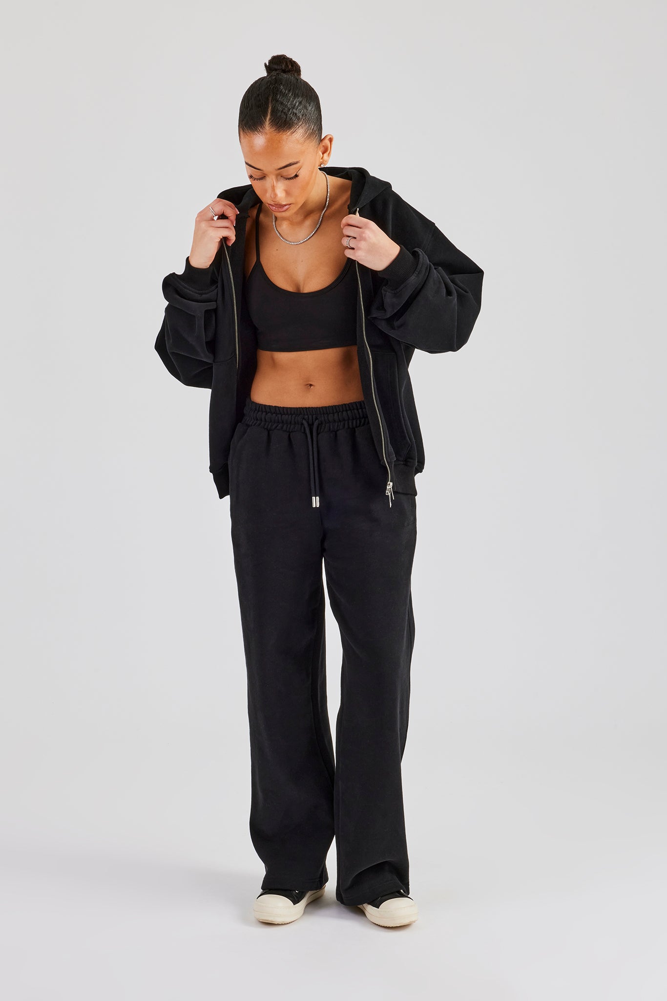 Oversize-Kapuzenpullover mit durchgehendem Reißverschluss - Schwarz