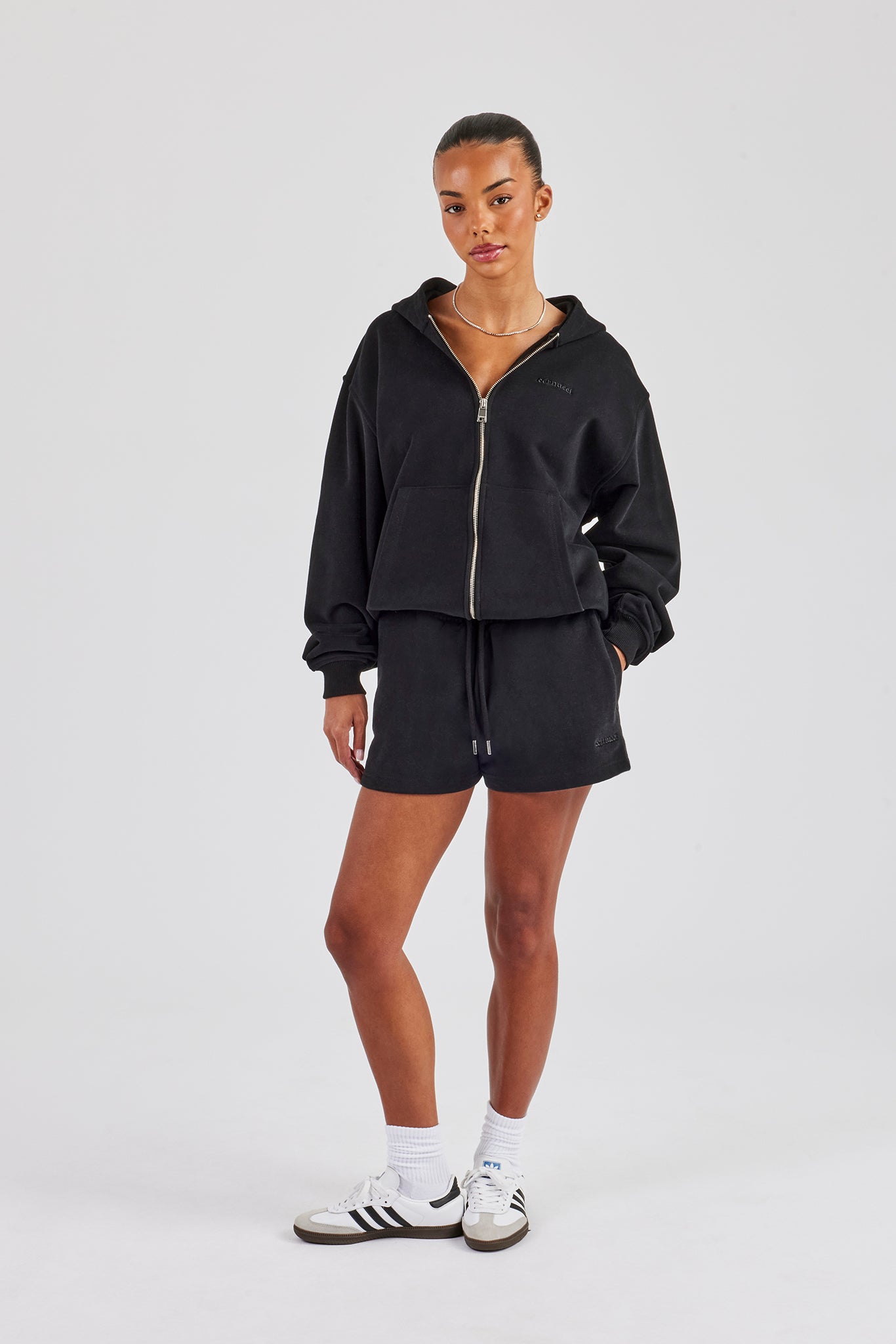 Zip Through Hoodie & Embroidered Short - Black