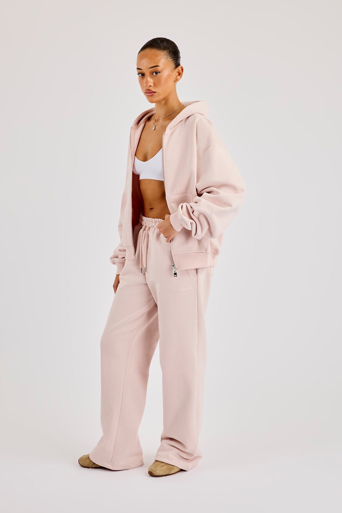 Oversized Zip Through Hoodie & Wide Leg Jogger Dusty Pink