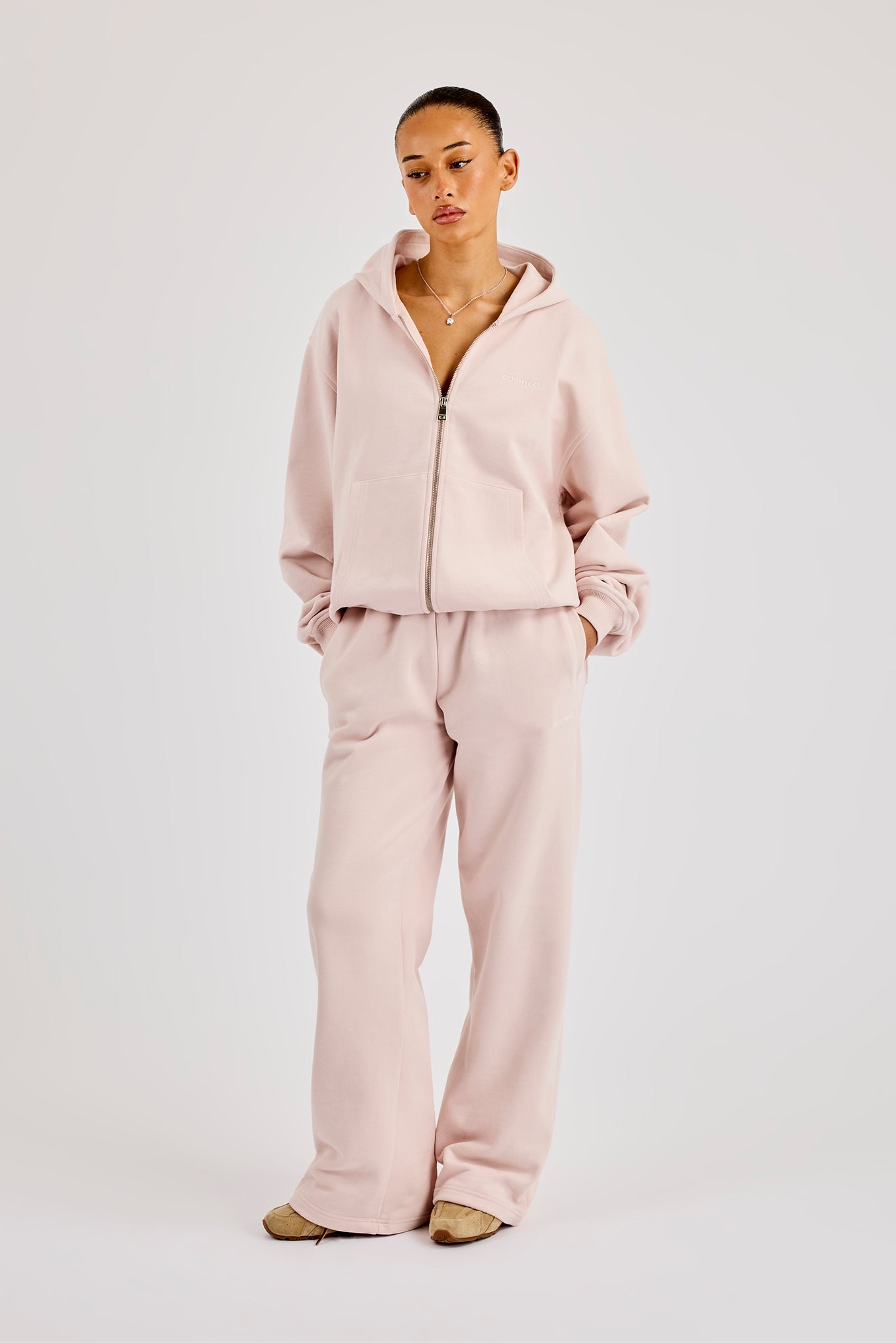 Oversized Zip Through Hoodie & Wide Leg Jogger Dusty Pink