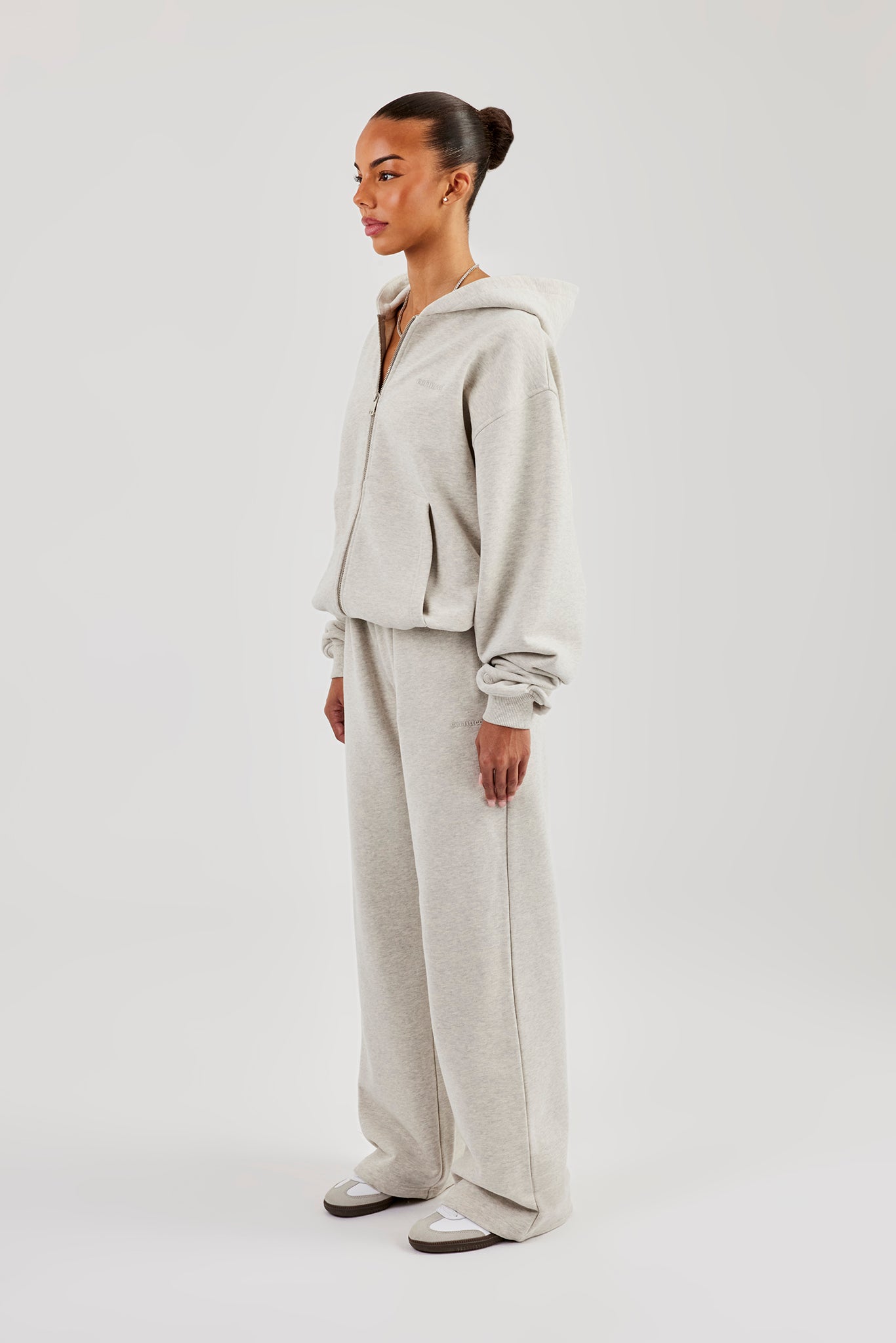 Oversized Zip Through Hoodie & Embroidered Wide Leg Jogger - Ash Grey